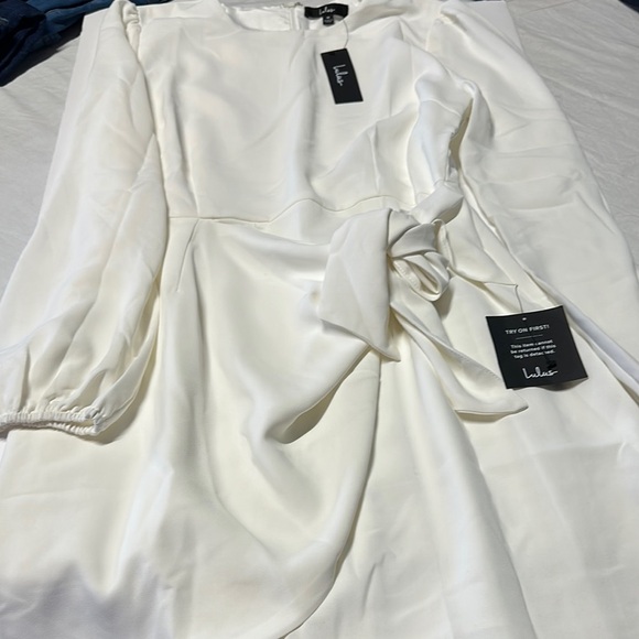 Lulu's Cream Off-Shoulder Asymmetrical Gown with Bishop Sleeves - Picture 1 of 5